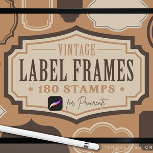 cadres d'étiquettes vintage, 180 pinceaux de bordure pour Procreate | Téléchargement numérique instantané | Pinceau pour art numérique sur iPad