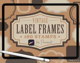 May include: A digital illustration of 180 vintage label frames for Procreate. The image shows a variety of frames in different shapes and sizes, with a brown and beige background. The text "Vintage Label Frames *180 Stamps* for Procreate" is displayed in the center of the image.