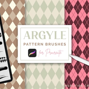 May include: Digital art supplies for Procreate. The image shows a tablet displaying argyle pattern brushes, with a white stylus and argyle pattern backgrounds in brown, green, and pink. The text reads "ARGYLE PATTERN BRUSHES for Procreate."