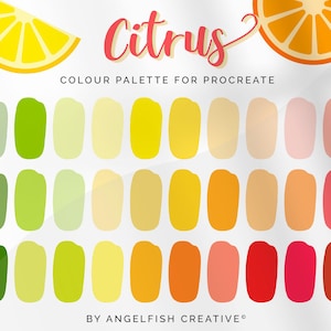 May include: A digital color palette titled "Citrus" for Procreate, featuring a range of colors inspired by citrus fruits. The palette includes shades of green, yellow, orange, and pink, with a white stylus in the bottom right corner.