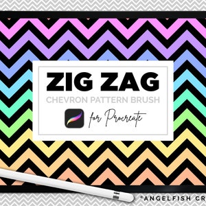 Könnte beinhalten: Eine digitale Illustration eines Chevron-Musterpinsels für Procreate. Der Pinsel wird auf einem Tablet-Bildschirm mit einem Stift daneben angezeigt. Der Text "Zig Zag Chevron Pattern Brush for Procreate" wird auf dem Bildschirm angezeigt.