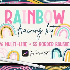 May include: A digital illustration of a rainbow drawing kit for Procreate. The image shows a tablet screen with a variety of rainbow designs and the text "RAINBOW drawing kit" and "26 MULTI-LINE + 55 BORDER BRUSHES".