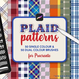 May include: Digital art product featuring a variety of plaid patterns. The central graphic reads "Plaid Patterns" with the text "50 Single Colour & 50 Dual Colour Brushes for Procreate." A tablet displays brush stroke previews. A stylus rests on the image, with various plaid designs in the background.