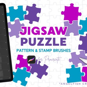 May include: A digital illustration of a jigsaw puzzle with the text "JIGSAW PUZZLE PATTERN & STAMP BRUSHES for Procreate" and the text "ANGELFISH CREATIVE". The image shows a variety of different sized jigsaw puzzle pieces in purple, blue, and pink colors.