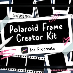 Op de afbeelding: Een digitale illustratie van een Procreate-app-pictogram met de tekst "Polaroid Frame Creator Kit for Procreate" op een zwarte achtergrond. De afbeelding toont meerdere Polaroid-frames met zwarte achtergronden en witte randen. De frames zijn in een willekeurig patroon gerangschikt en sommige hebben tekst erin, zoals "Best Day Ever" en "Memories".