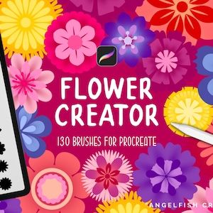 May include: A digital art graphic with the text "FLOWER CREATOR" and "130 BRUSHES FOR PROCREATE" on a background of colorful flower illustrations. A tablet displays flower brush options, and a stylus is present.