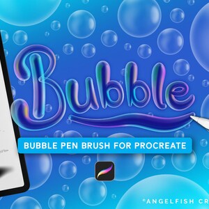 Peut inclure: Graphique d'art numérique avec le mot "Bubble" en police bulle 3D, avec un fond bleu et des bulles. Le texte "Bubble Pen Brush for Procreate" est affiché sous le mot "Bubble". Une tablette et un stylet sont à gauche et à droite.