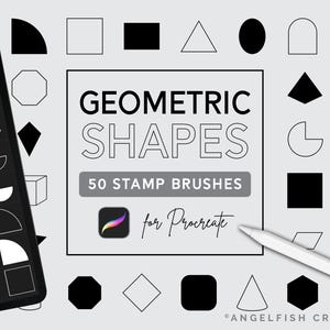 Puede incluir: Suministros de arte digital para Procreate. La imagen muestra una tableta con sellos de formas geométricas y un lápiz óptico. El texto central dice "Geometric Shapes, 50 Stamp Brushes for Procreate."
