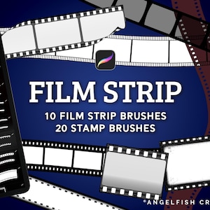 May include: Digital art supplies for Procreate. The image shows a dark blue background with the words "FILM STRIP" in white. It also shows a tablet with film strip brushes and film strip graphics.
