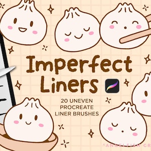 May include: A digital graphic featuring the text Imperfect Liners, 20 Uneven Procreate Liner Brushes, and Angelfish Creative. The design includes five cartoon dumplings with faces, a tablet screen showing brush strokes, and a wooden spoon.