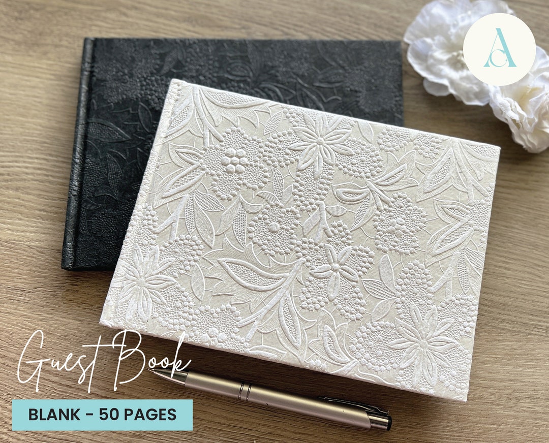 Blank Guest Book, Embossed Floral Bloom Cover Ivory or Black for