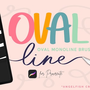 May include: A digital illustration of the word "OVAL line" in colourful, handwritten lettering. The text is overlaid on a pink background with white swirls. The image also shows a digital tablet with a black screen displaying a preview of different oval-shaped brush strokes. The text "OVAL MONOLINE BRUSHES for Procreate" is also included in the image.