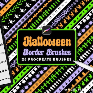 May include: A digital set of 25 Halloween-themed border brushes for Procreate. The image shows a variety of designs, including pumpkins, bats, and witch silhouettes, in orange, green, and purple on a black background.