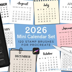 May include: A digital art set featuring a 2026 mini calendar set with 120 stamp brushes for Procreate. The image shows various months, including January, July, and December, with a tablet and stylus.