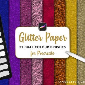 May include: A digital art design showcasing a range of glitter paper textures in vivid colours, including blue, purple, pink, red, gold, and silver. The image includes a stylus and a digital brush set with the text "Glitter Paper, 21 Dual Colour Brushes for Procreate."