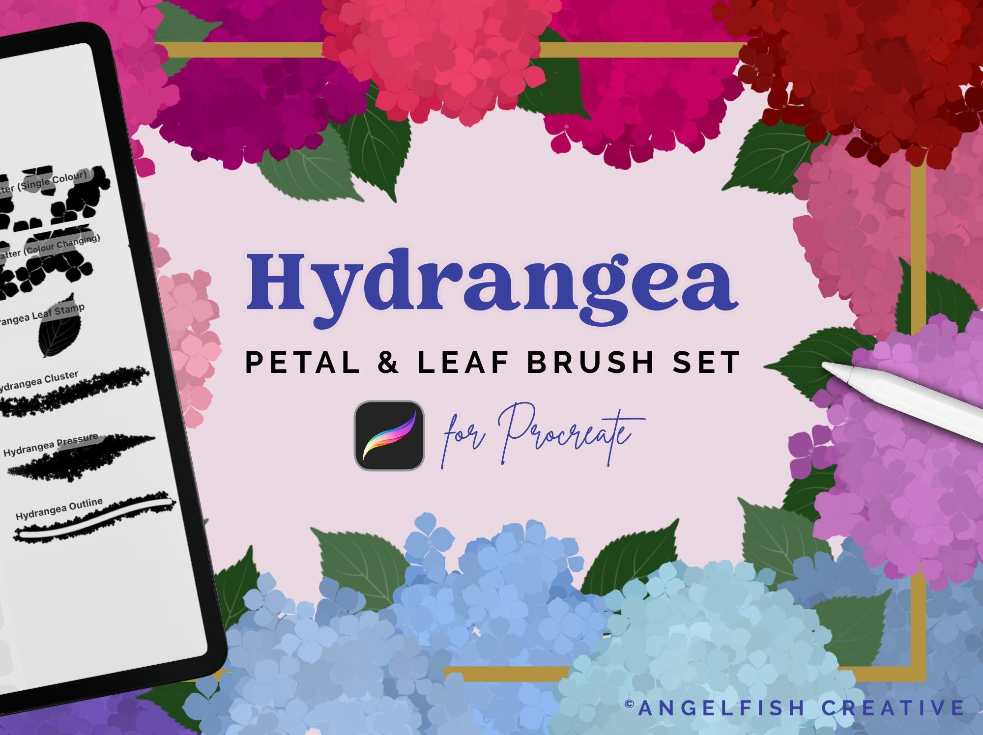 Hydrangea Brush Set for Procreate - Floral Scatter & Leaf Stamp ...