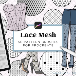 May include: A digital set of 50 Lace Mesh pattern brushes for Procreate, featuring a tablet interface, a corset, leggings, and high heels. The central text reads Lace Mesh 50 Pattern Brushes for Procreate, with various circular lace patterns.