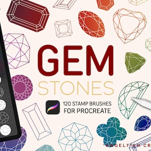 Peut inclure: Une illustration numérique de 120 brosses de tampons de pierres précieuses pour Procreate. L'image montre une variété de formes et de couleurs de pierres précieuses, notamment le rouge, le bleu, le vert et le violet.