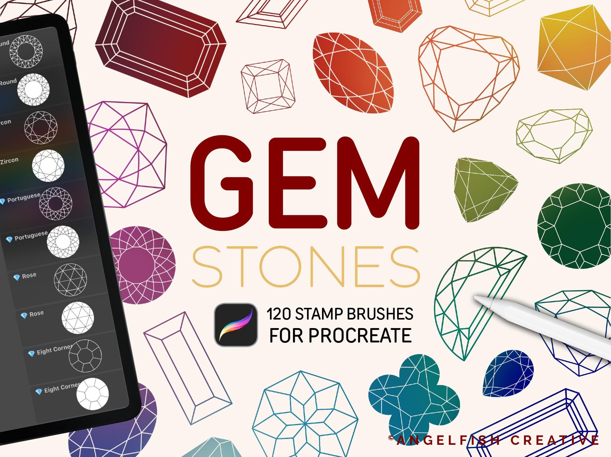 Pinceles de sellos Gemstone para Procreate — 120 sellos de cristales, diamantes y gemas facetadas para iPad