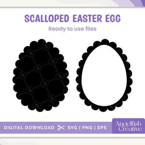 Puede incluir: Una descarga digital en blanco y negro de un diseño de huevo de Pascua festoneado. El diseño está listo para usar en proyectos de manualidades.