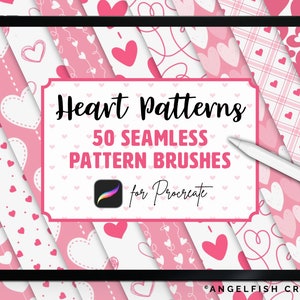 May include: A digital tablet displaying a collection of 50 seamless heart pattern brushes for Procreate. The patterns are pink and white and feature various heart designs.