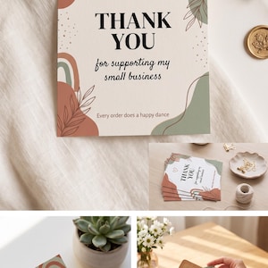 May include: A rectangular thank you card featuring the text "THANK YOU for supporting my small business" and "Every order does a happy dance." The design includes abstract shapes in terracotta and sage green, a line-art heart, and botanical illustrations.
