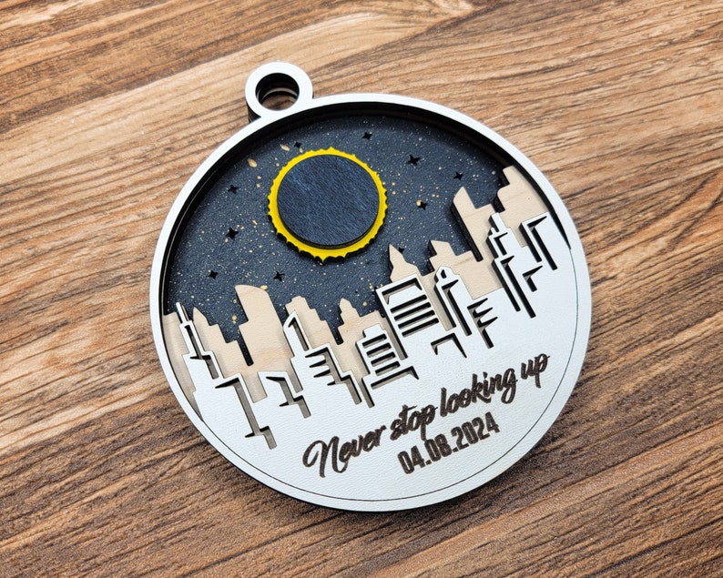 2024 Eclipse Keepsake, Path Of Totality Ornament ,3D Laser Engraved Eclipse Holiday Gift, Celestial, Solar Eclipse Souvenir Gift City Background