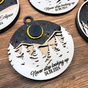 2024 Eclipse Keepsake, Path Of Totality Ornament ,3D Laser Engraved Eclipse Holiday Gift, Celestial, Solar Eclipse Souvenir Gift Mountains