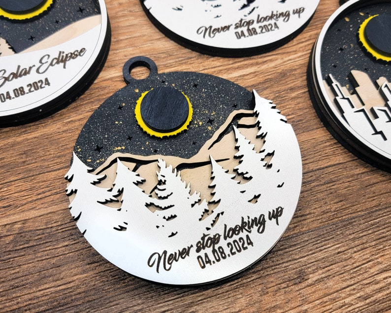 2024 Eclipse Keepsake, Path Of Totality Ornament ,3D Laser Engraved Eclipse Holiday Gift, Celestial, Solar Eclipse Souvenir Gift Mountains