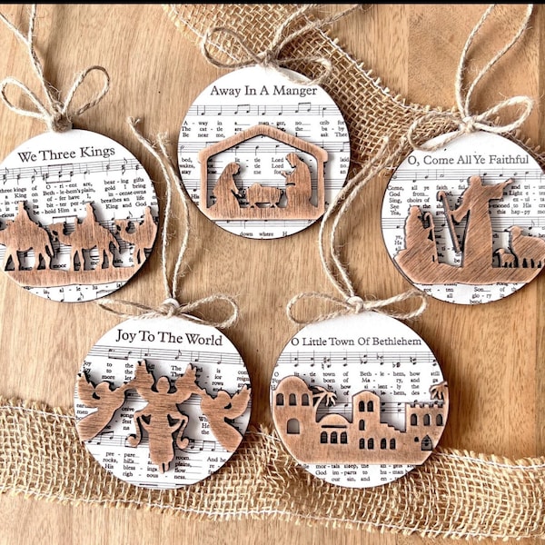 3D Engraved Handmade Music Sheet Nativity Christmas Ornaments, Wooden Christmas Ornaments, Nativity Set, Nativity Scene