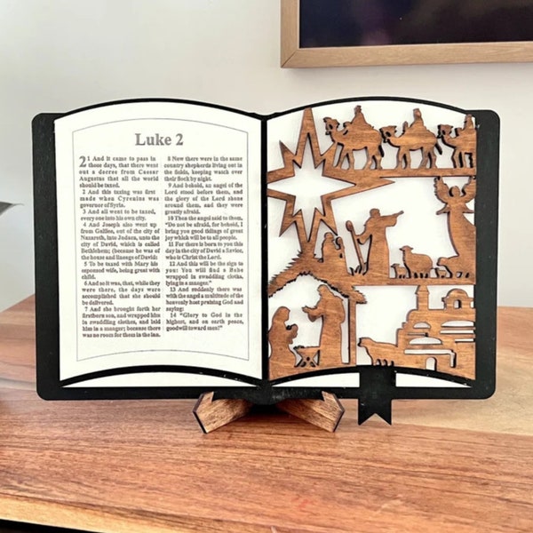 3D Wooden Handmade Nativity Scene Shelf Sitter Book Display, Decorative Christmas Book, Handmade Home Decor with Display Stand
