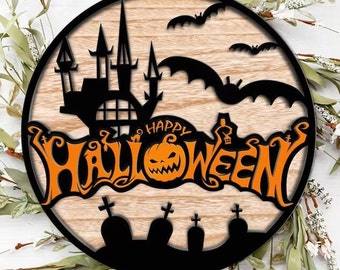 3D Laser Engraved Happy Halloween Front Door Decor, Fall Decor for Front Porch Sign, Patio Decor, Seasonal Holiday Decor