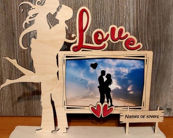 Custom Engraved Standing Shelf Sitter Picture Frame, Personalized Wedding Photo Frame, 4 x 6 Wood Picture Frame, Valentines Day Photo Frame