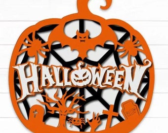 3D Layered Halloween Pumpkin Wood Sign, Halloween Door Hanger, Farmhouse Halloween Wreath Sign, Halloween Wall Art, Halloween Home Decor