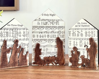 3D Handmade Wooden Nativity Scene Shelf Sitter, Indoor Handmade Farmouse Christmas Decor, Christmas Table Decor