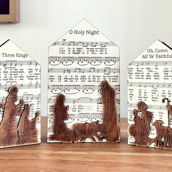 3D Handmade Wooden Nativity Scene Shelf Sitter, Indoor Handmade Farmouse Christmas Decor, Christmas Table Decor