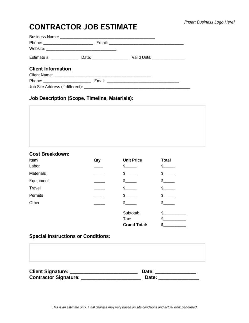 Editable Contractor Estimate Template | Job Quote PDF for Handyman ...