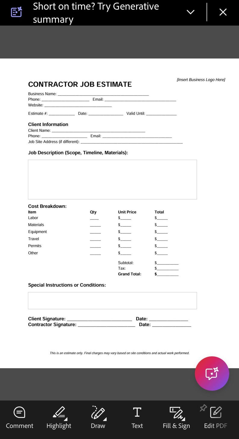 Editable Contractor Estimate Template | Job Quote PDF for Handyman ...
