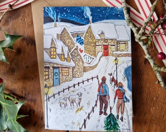 Festive Card 'The Snowy Common' - cosy Christmas greeting card - print from original painting