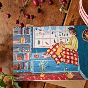 "Festliche Karte ""Strickecke"" - gemütliche, weihnachtliche Grußkarte, Druck vom Originalbild."