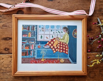 A5 Festive Art Print 'Knitting Nook' - cosy Christmas illustration