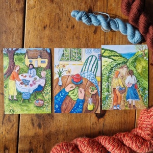 3er Set Frühlingskarten (2024 Designs) - Grußkarten - gemütlich, strickend Abbildungen