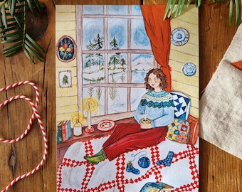 A5 Art Print - Knitting Nook #2 - Cosy Knitting Illustration
