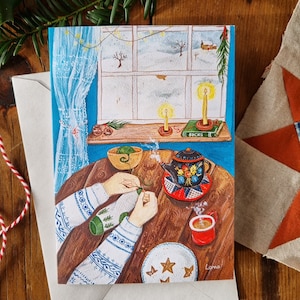 Carte A6 « Winter Table » - Tricot douillet et illustration d'une théière