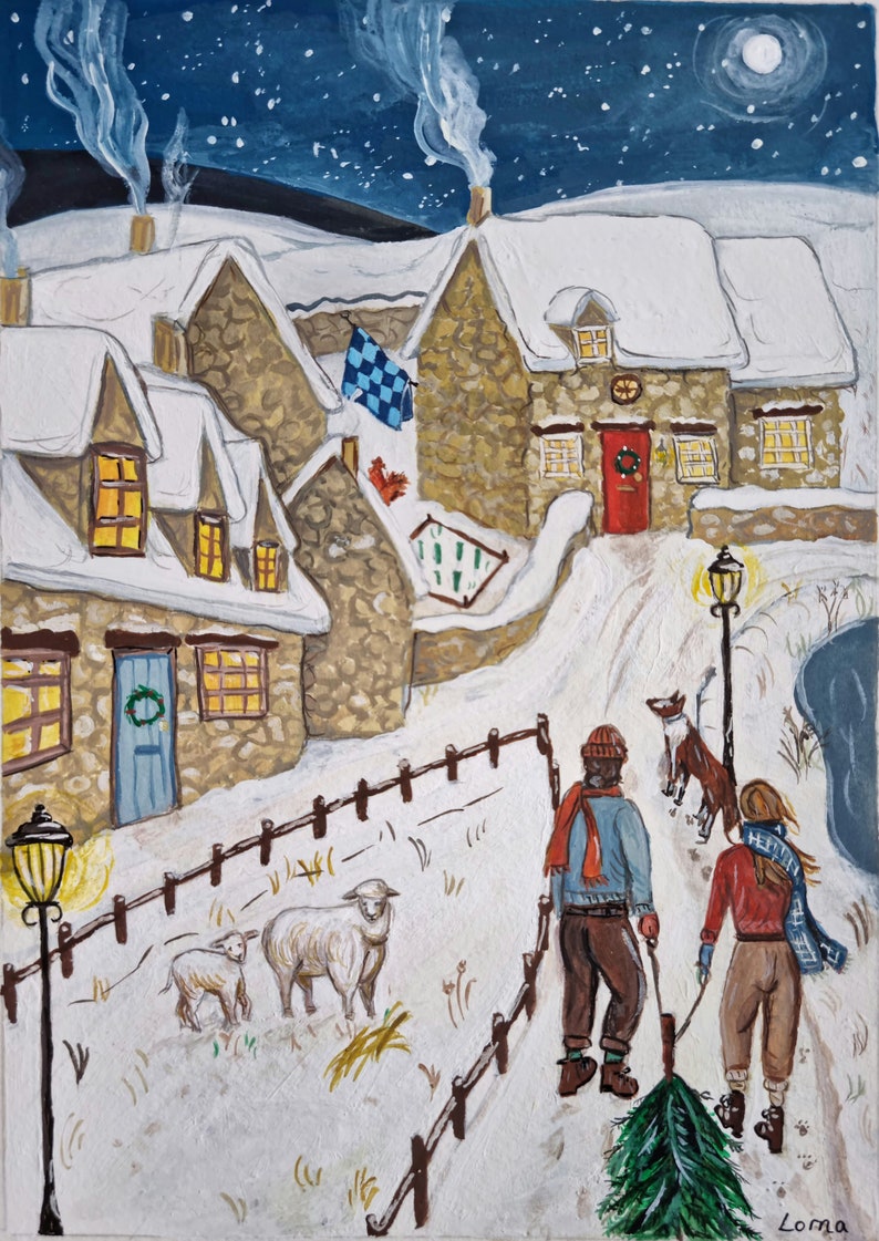 Festive Card 'The Snowy Common' cosy Christmas greeting card print from original painting image 2