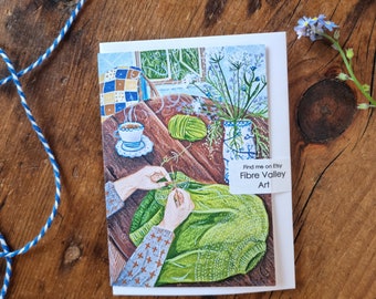 A7 Notelet Card - Spring Table - Cosy Knitting Illustration