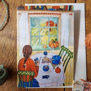 Carte de voeux « Autumn Light » - illustration tricot confortable - art populaire d'automne