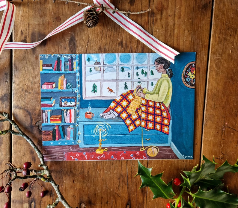 Knitting Nook 1 and 2 set of two A5 prints cosy Christmas and winter illustrations image 3