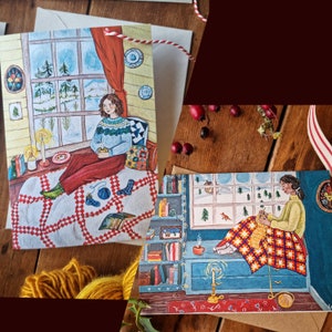 Jeu de cartes pour les coins 1 et 2 à tricoter - deux cartes festives - des illustrations douillettes de Noël et de l'hiver