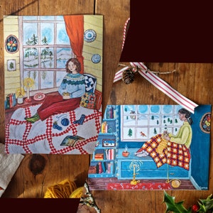 Knitting Nook 1 and 2 set of two A5 prints cosy Christmas and winter illustrations image 1